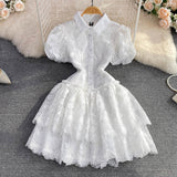 Plataz Summer Retro Temperament Super Fairy Collar Single Buckle White Embroidery Bubble Sleeve A Word Cake Dress DJPT