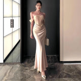 Plataz Concrettress New High-End Sexy Back Long Dress Dress A Word Shoulder Pure Lust Lace Corset Dress Dress Woman HZ0628