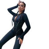 Plataz Babes Fashion Sports Leather Woven Strip Split Line Long Sleeve Zipper Tight Hip Jumpsuit DJPT