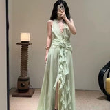 Plataz Sleeveless V-Necked Neck Dress With Wooden Ears Exposed Back Long Dress Beach Beach Seaside Holiday Dress