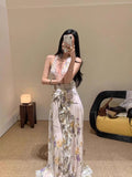 Plataz Niche Elegant Temperament Hanging Neck-Loaked Dress Woman 2025V Collar Folded Three-Dimensional Flower Dress