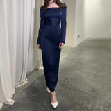 Plataz 2024 New Women's High-End Slim Temperament Showing Lean Long Sleeves Pure Color Evening Dress Dress