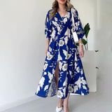 Plataz Women's Summer V-Necked Print Skirt High Waist-Comfort Temperament Open-Broken Flower Dress