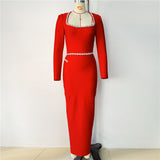 Plataz Elegant Square-Necked Long-Sleeved Diamond-Stwined Dress With Long Bag-Hope Party Party Evening Dress