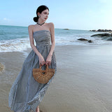 Plataz Summer New One-Word Collar Folds To Repair Height Waist A-Shaped Skirt Striped Beach Dress Woman