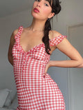 Plataz Vintage Sweet Red Lattice Dress Female Deep V Collar Sexy Bare Back Sling Long Skirt