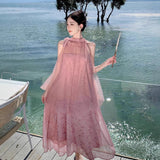 Plataz Yarn Hanging Neck Two Morning Robe Skirt Fairy Beach Dress Seaside Holiday Dress Girl
