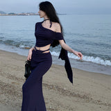 Plataz Sexy Seaside Travel Holiday Wind Inclined Shoulder Tightbage Bag Hip Fishtail Skirt Two Sets Early Autumn Wear