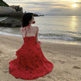 Plataz Dress Red Long V-Neck Hanging Neck Sling Dress Female Summer French Temperament Party Dress