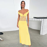 Plataz Women's Solid Color Bare Shoulder Lace Splicing A Word Dress DJPT