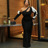 Plataz Hollow Oblique Shoulder Three-Dimensional Flower Long Sleeve Banded Dress Party Dinner Dress Dress