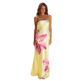 Plataz Women's Autumn And Winter Smear Chest Hollow Back Iron Mouth Flower Print Dress DJPT