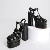 Plataz New Spring And Summer New High Heels Women's Word Buckle Water Table High Heels Roman Sandals Black Walking Show Large-Size Shoes High Quality Shoes