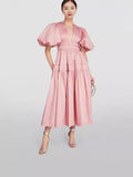 Plataz Niche 2024 Summer Wind V Collar Bubble Sleeves Short Sleeve Splicing Folds To Collect Waist Pink Dress Dress
