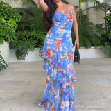 Plataz Women's Summer Sling V Tie Floral Skirt High Waist Slim Thin Lotus Leaf Dress