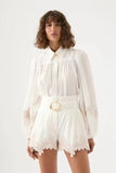 Plataz Australian Vintage Lantern Sleeve Flower Embroidered White Shirt + High-Rise Thin Belt Shorts Set