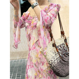 Plataz Holiday Fairy Pink Broken Flower Dress Design Feeling Lotus Leaf Side Flowing Long Dress 2024 New Model