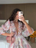 Plataz Style Dress 2025 Summer V-Neck Bubble Sleeves Mid-Sleeve Fresh Sweet Three-Dimensional Flower Print Dress