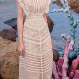 Plataz 2025 Lace Yarn Embroidery Line Lace Splicing Medium Long Dress Dress 817