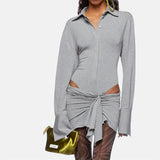 Plataz Babes Gray Long-Sleeved Polo Collar Short Dress Girl Niche Fall Sexy Irregular Hollow Dress