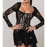 Plataz Autumn 2025 New Famous Style Temperament Sexy Lace Shens Waist With Long Sleeve Dress Woman DJPT