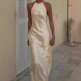 Plataz Sexy Bare Back Hanging Neck Sling Dress Simple Imitation Silk Satin Acetic Acid Thin Dress Dress HZ0628