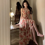 Plataz Seaside Holiday Chiffon Crumped Flower Dress Bare Back Empty Strap High Waist Open Large Swing Dress Girl