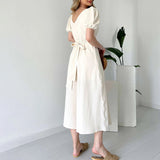 Plataz Women's Summer French V-Neck Bubble Bubble Sleeve High Waist Open Temperament With Long Dress