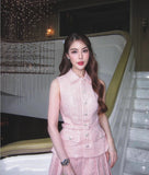 Plataz Design Pink Temperament Beads Top 2024 Summer Beauty POLO Received Waist 100 Folded Skirts Two Pieces