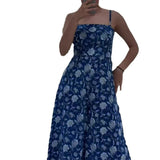 Plataz Summer New Leisure Holiday Blue Print Retro Bare Back Double Strap Sling Skirt