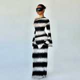 Plataz Autumn New Dizzened Black And White Striped Asymmetrical Shoulder Heap Long Sleeve Dress Woman DJPT