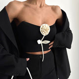 Plataz Women's Summer 2024 New Fashion Solid Color Three-Dimensional Flower With Breast-Lighting Umbility Top DJPT