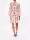 Plataz Niche Silk Silky Retro Court Print V Collar Horn Sleeves Loose Waist Small Flowing Dress