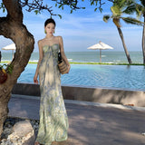 Plataz Sling Dress Women's Summer Mesh Printing Temperament Is Skinny Seaside Holiday Dress Dress