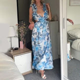 Plataz 2024 Summer Dress Slim Light Luxury Sexy Floral Long Dress