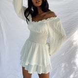 Plataz Decoration Shoulder-To-Shoulder Collar Long-Sleeved Dress Waist New High-End Elastic Lantern Sleeve Trousers Woman
