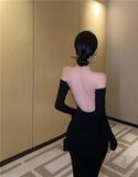 Plataz Big Show Back Black Brooch Knitted Dress High-End Famous Temperament Pure Shoulder Dress Dress