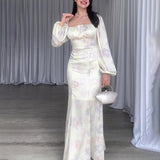 Plataz Women's Autumn French Style Collar Lantern Sleeve High-Waisted Body-Body-Cuffed Kite Skirt