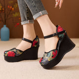 Plataz Real Leather National Style Print Ultra-High With Idyllic Wind Thick Bottom Retro College Style Buckle Sandals High Quality Shoes