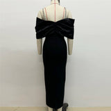 Plataz Design-Sense Bow-Tendered One-Word Collared Shoulder-Banded Dress Party Dress