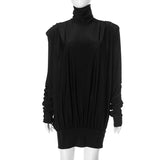 Plataz Women's Autumn And Winter High-Collar Pad Shoulders Loose Multi-Fold Sexy Back Short Skirt DJPT