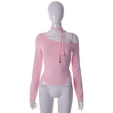 Plataz Women's INS Spring New Net Color Care Machine Slanted Shoulder Long Sleeves Hottie T-Shirt DJPT