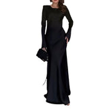 Plataz Women's Round-Neck High-Rise Long Dress Micro-Horn Sleeve Slimming-Bum-Bum-Bum Dress