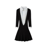 Plataz Mengling With A Retro Shirt Collar Splicing V-Neck Dress Autumn And Winter High-End Black And White Folding Dress