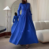 Plataz Women's Half-High Collar Lantern Sleeve Dress High-Waisted Knot Design Dress