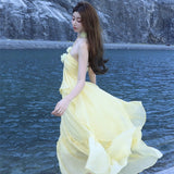 Plataz New Niche Design High-End Tea Break French Seaside Holiday Yellow Hanging Neck Dress