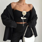 Plataz Women's Summer 2024 New Fashion Solid Color Three-Dimensional Flower With Breast-Lighting Umbility Top DJPT