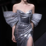 Plataz Evening Dress Silver Lily Toasting Female Feeling Open Fork Niche High-End Light Luxury Annual Host