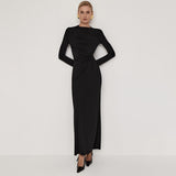 Plataz Women's Pure Color Waist Shrink Folding Long Sleeves Elegant Long Dress DJPT