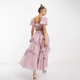 Plataz Dress Holiday Dress Lace Side Hollow Cake Dress Lotus Leaf Folding Long Dress